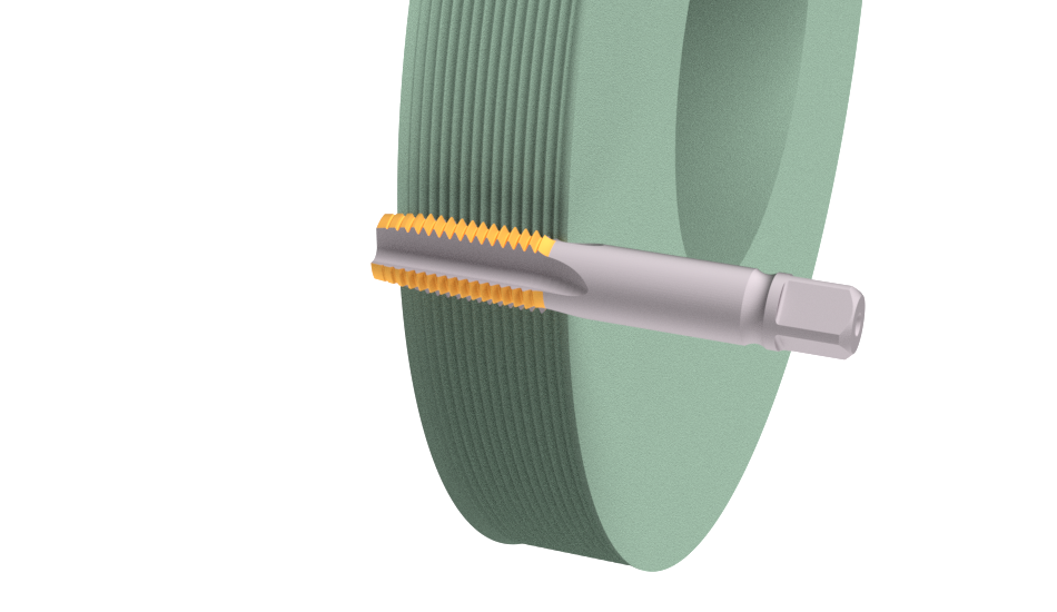 Anwendungsgrafik Hermes Feinkorn-Mehrprofilscheiben CERMIC TG beim Gewindeschleifen von Gewindebohrern