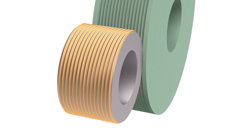 Anwendungsgrafik Hermes Feinkorn-Mehrprofilscheiben CERMIC TG beim Gewindeschleifen von Gewinderollen
