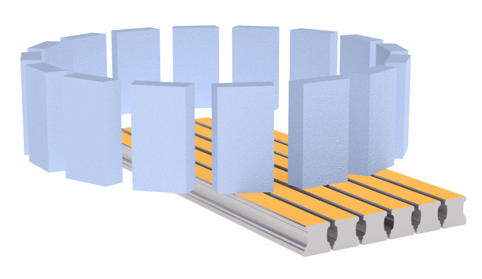 Anwendungsgrafik Hermes-Schleifsegmente CERFINE PERFORMANCE beim Planschleifen von Linearführungs Ober- und Unterseiten