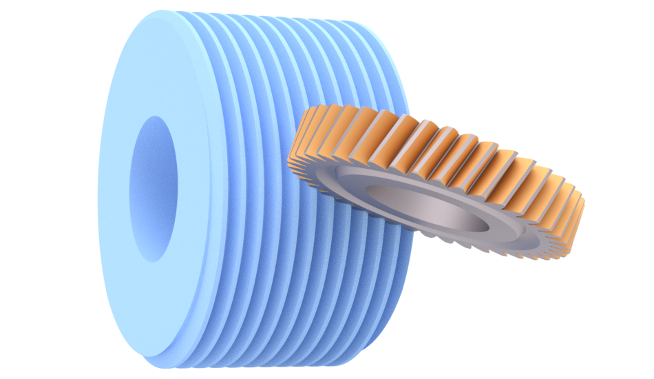 Anwendungsgrafik Hermes Schleifschnecke CERFINE CG beim kontinuierlichen Wälzschleifen eines Zahnrades 