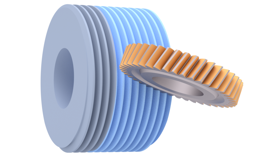 Anwendungsgrafik Hermes Hybrid-Schleifschnecke CERFINE/MICROLITE CG beim kontinuierlichen Wälzschleifen eines Zahnrades 