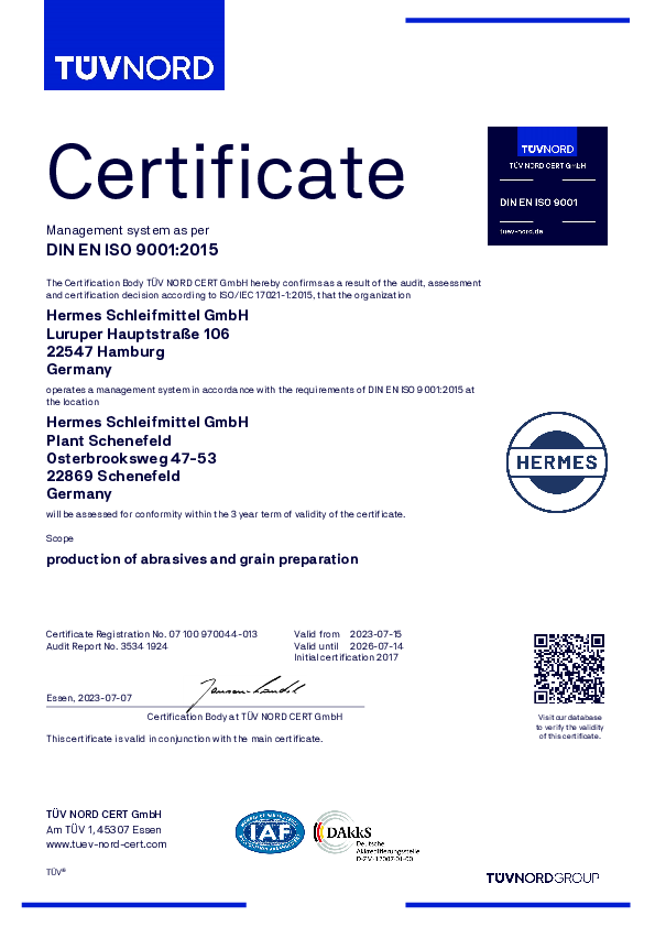 Qualitätszertifikat DIN 9001, englisch, Hermes Deutschland