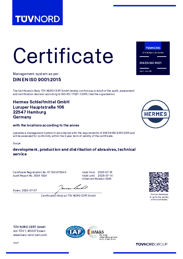Qualitätszertifikat DIN 9001, englisch, Hermes-Gruppe