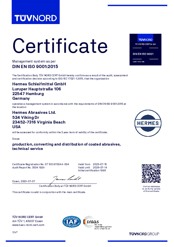 Qualitätszertifikat DIN 9001, englisch, Hermes USA