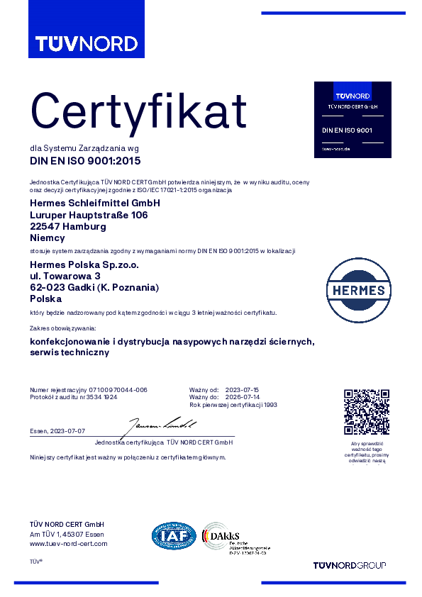 Qualitätszertifikat DIN 9001, polnisch, Hermes Polen